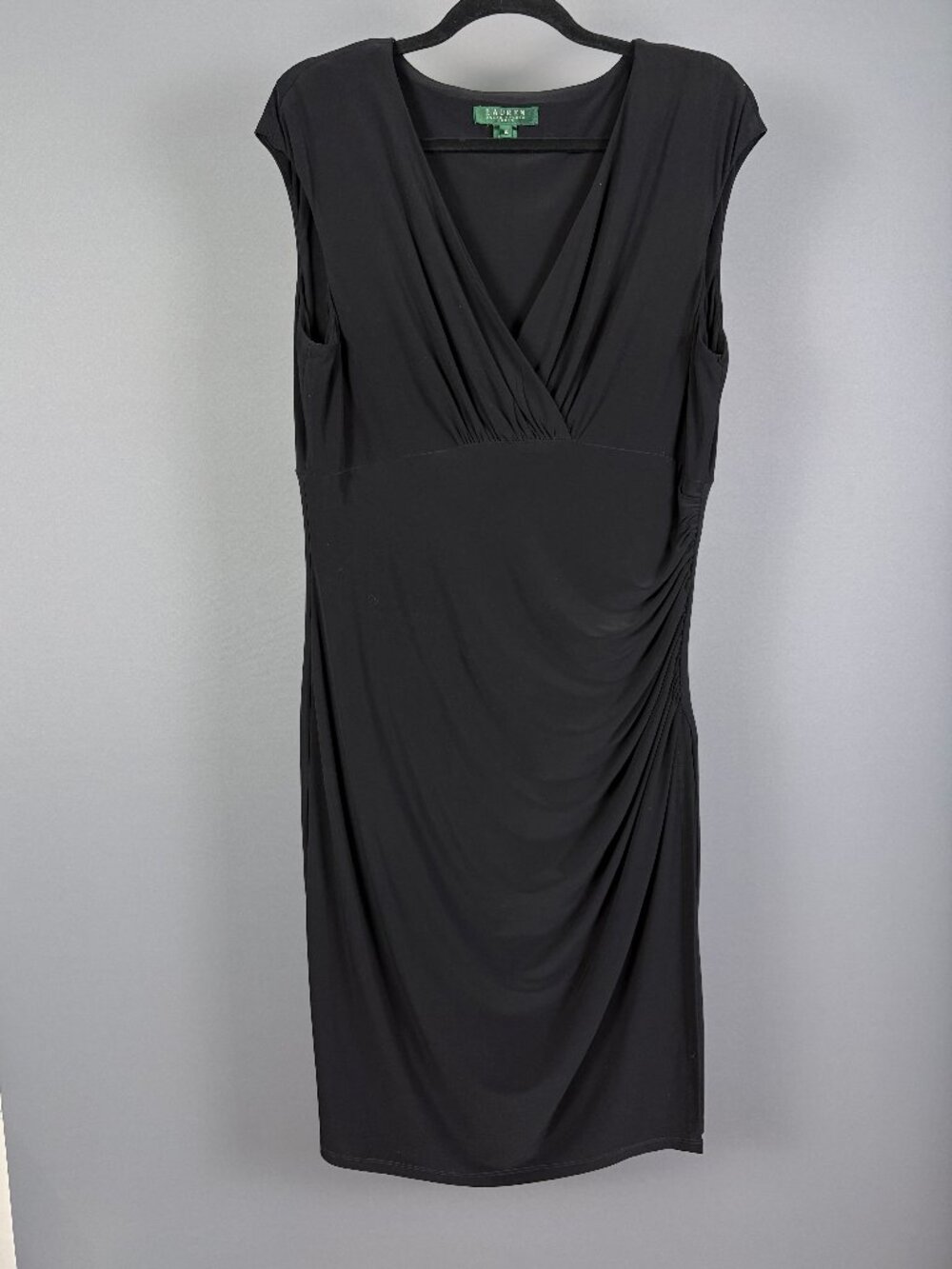 Lauren Ralph Lauren Black Ruched Faux Wrap Dress Size 16 Shoulder Pads
